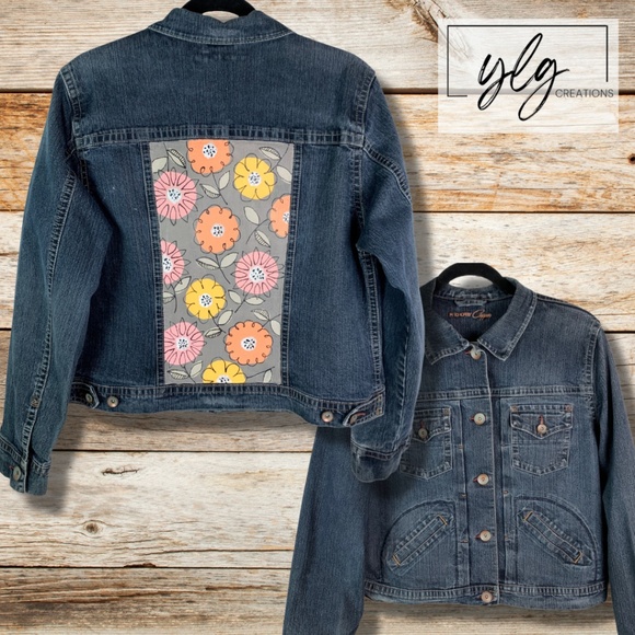 Floral Denim Jacket Hand Painted Jean Artisan Chic Country Girl Wearable Art - Picture 1 of 12